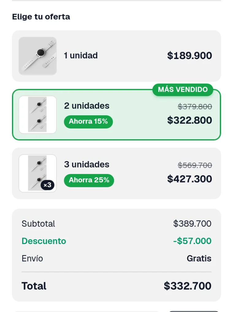 Ofertas por cantidad en el formulario: 1, 2 o 3 unidades, con 15% y 25% de ahorro